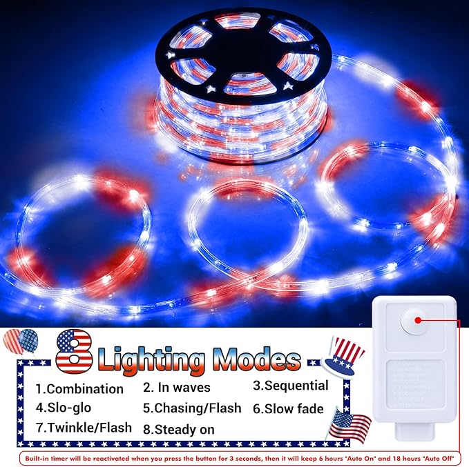 200ft LED Rope Lights Outdoor, 1440 LED Flexible Tube Lights with 8 Modes, Waterproof LED Rope Lighting for Independence Flag Day, Memorial Day, National Day, Outdoor,Indoor Decor (Red & White & Blue)-VerdiqueGarden