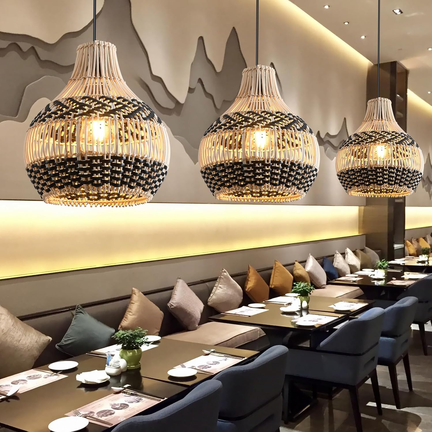 3-Pack Fax Rattan Pendant Light Fixture Mini Hand-Woven Black White Rattan Chandelier 10.24" Boho Wicker Hanging Lamp for Dining Living Bedroom Kitchen Farmhouse-VerdiqueGarden