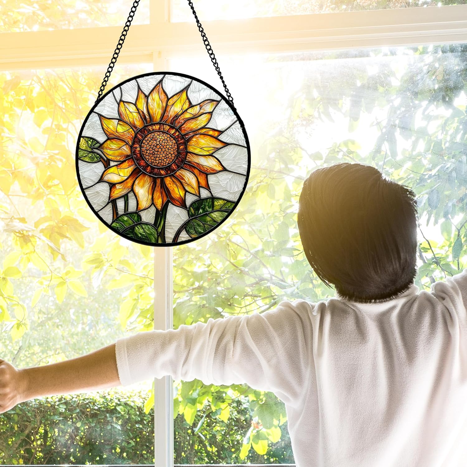 Stained Glass Window Hanging - Sunflower Flower Suncatcher Ready to Hang Window Doors Home Decoration and Christmas, Mother's Day Birthday Gifts for Women, Men, and Mom 7.8x7.8 in-VerdiqueGarden