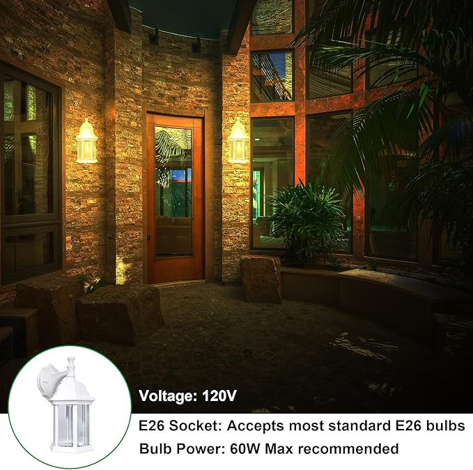 LIT-PaTH Outdoor Wall Lantern, Wall Sconce as Porch Lighting Fixture, E26 Medium Base Max 60W, Aluminum Housing Plus Glass, Matte White Finish, 1-Pack-VerdiqueGarden