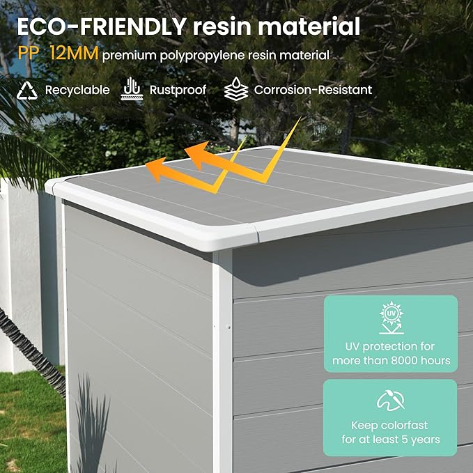 UDPATIO Outdoor Storage Shed 5x3 FT, Plastic Garden Shed for Bike, Garbage Can, Tool, Outside Sheds & Outdoor Resin Shed with Lockable Door for Backyard, Patio, Lawn, Grey & White-VerdiqueGarden