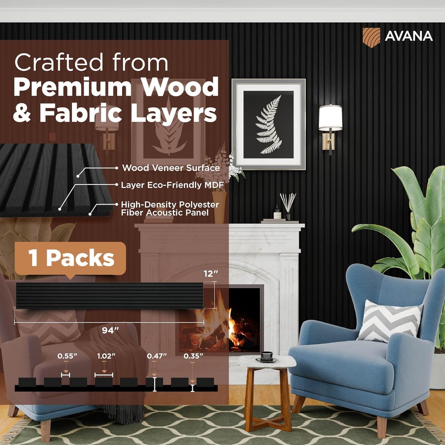 Avana Modern Acoustic Wood Wall Panels – 94.4 x 12.6 Inch Black Oak Acoustic Panels 1 PC – Wall Panels For Interior Wall Decor For Homes, Offices, Studios – Sturdy & Durable Wood Panels For Wall-VerdiqueGarden