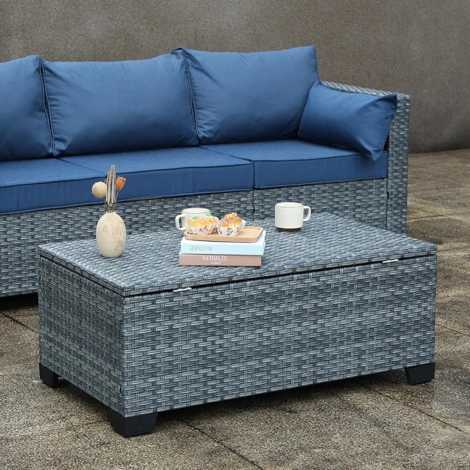 Outdoor Storage Table Wicker Patio Coffee Table All-Weather Rattan Side Table with Waterproof Cover, Grey-VerdiqueGarden