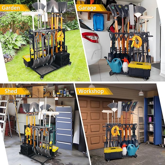 Garden Tool Organizer - Heavy Duty Garage Storage and Organization with Wheels - Large Garden Tool Storage Holder for Lawn Yard Patio Shed,Garage Shovel Rack-VerdiqueGarden