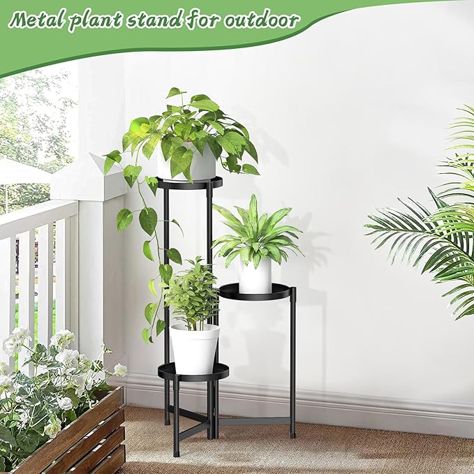 MOKANI Metal Plant Stand Indoor Outdoor for Multiple Plants, 3 Tiered Folding Corner Shelf Tall Flower Pot Holder Display Rack for Patio Living Room Balcony Garden, Black-VerdiqueGarden