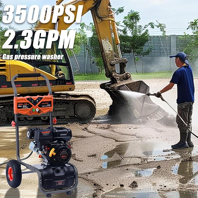 3500 PSI Gas Pressure Washer, 2.3 GPM Power Washer with 209CC Engine, Maintenance-Free Axial Cam Pump, 25FT Hose, 4 Nozzles for Driveways, Walls, Vehicles, Patio (Orange)-VerdiqueGarden