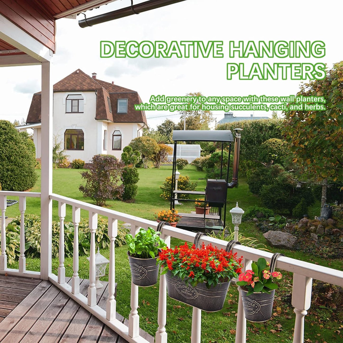 PerGar Vintage Metal Iron Wall Hanging Flower Pots, Rustic Planter Bucket Herb Flower Plant Holder with Detachable Hooks & Drainage Hole for Railing Fence Balcony Deck Garden Home Decoration, Set of 3-VerdiqueGarden