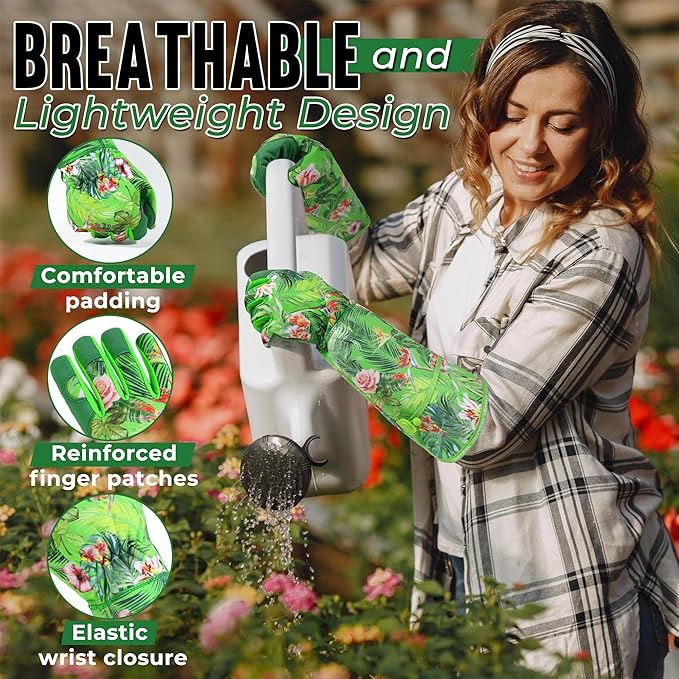 HANDLANDY Women Gardening Gloves, Thorn Proof Breathable Ladies Rose Pruning Long Gauntlet Floral Print Garden Yard Gloves, Gift for Gardeners (Green, L)-VerdiqueGarden