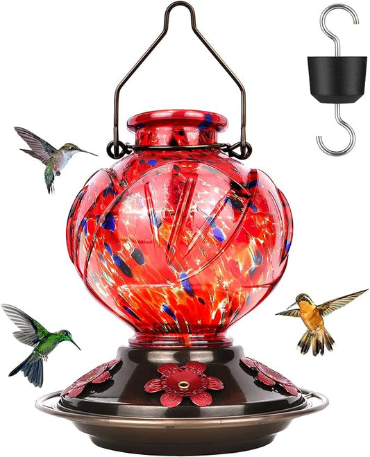 BOLITE Hummingbird Feeder, Hand Blown Glass Hummingbird Feeders for Outdoors Hanging, with Ant Moat and 5 Feeding Ports, 22 Ounces, Peony Flower Shape, Red, Gifts for Women Men, Gifts for Mom Dad-VerdiqueGarden