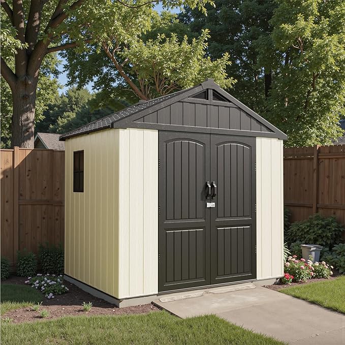 Patiowell 8 x 6 FT Resin Outdoor Storage Shed with Floor, Large Shed with Light and Lockable Door for Garden, Backyard, Tool Storage Use, Easy to Install in Beige (Kick-it Shed)-VerdiqueGarden