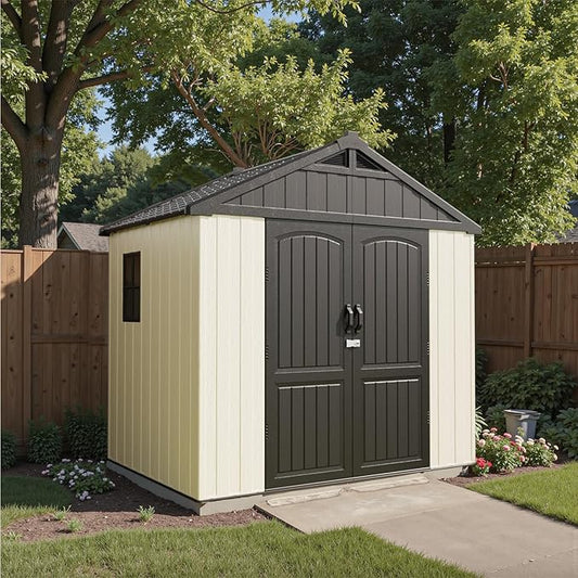Patiowell 8 x 6 FT Resin Outdoor Storage Shed with Floor, Large Shed with Light and Lockable Door for Garden, Backyard, Tool Storage Use, Easy to Install in Beige (Kick-it Shed)-VerdiqueGarden