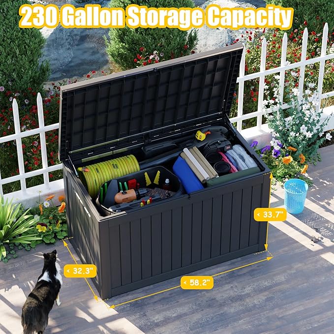 XXL 230 Gallon Large Resin Deck Box, Lockable Outdoor Storage Box for Patio Cushions Storage Furniture,Garden Tools, Pool Supplies, Weatherproof and UV Resistant- Black (230 Gallon)-VerdiqueGarden