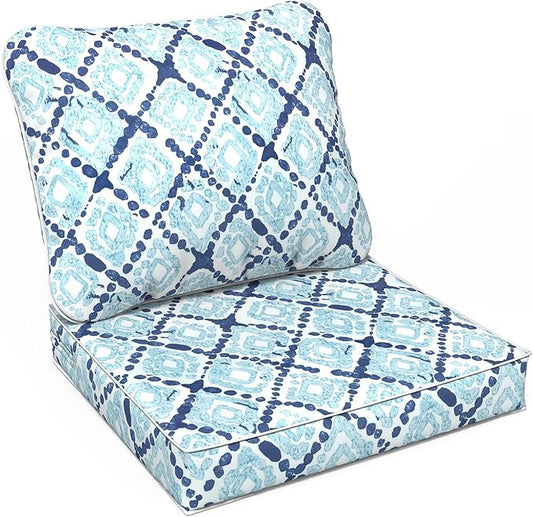 LVTXIII Outdoor Deep Seat Cushion Patio Seat and Back Cushion Set Seasonal Chair Cushion with Removable Cover and Adjustable Buckle for Home and Garden, 24"x24"x4", Boho Geometry Blue-VerdiqueGarden