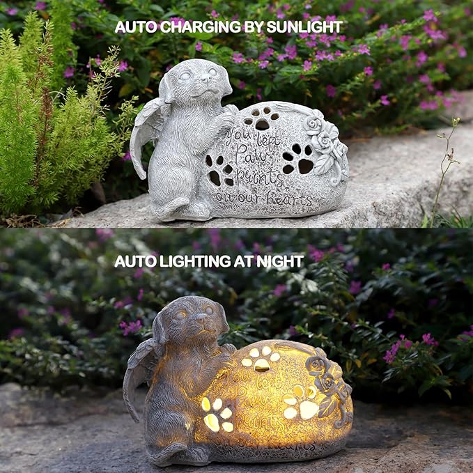 Dog Memorial Gifts Outdoor Statue with Solar Lights,Outdoor Resin Pet Ornament Grave Memorial Angel Decor Stone Effect-VerdiqueGarden