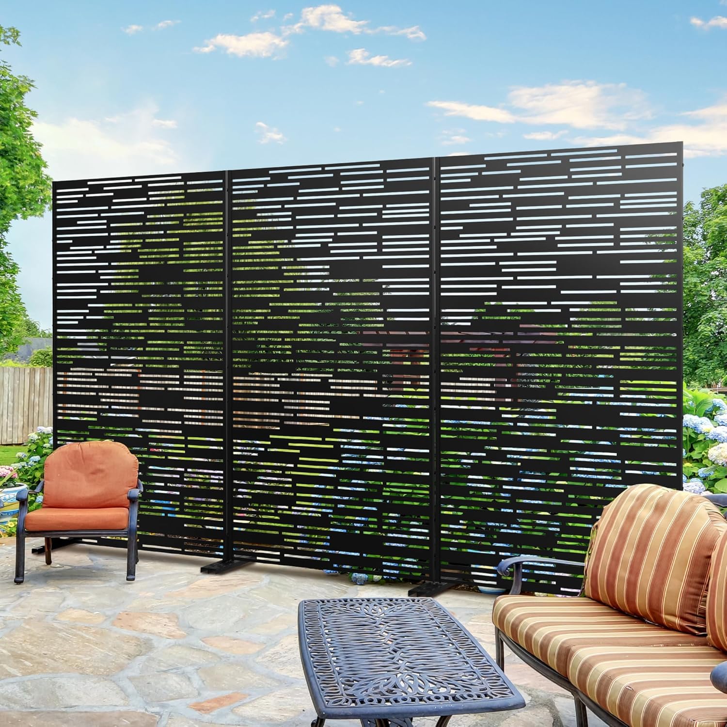 Metal Privacy Screen Outdoor 72" H×47" W,Freestanding Decorative Privacy Screen for Balcony Yard&Garden,Privacy Fence-Black&Shine-VerdiqueGarden