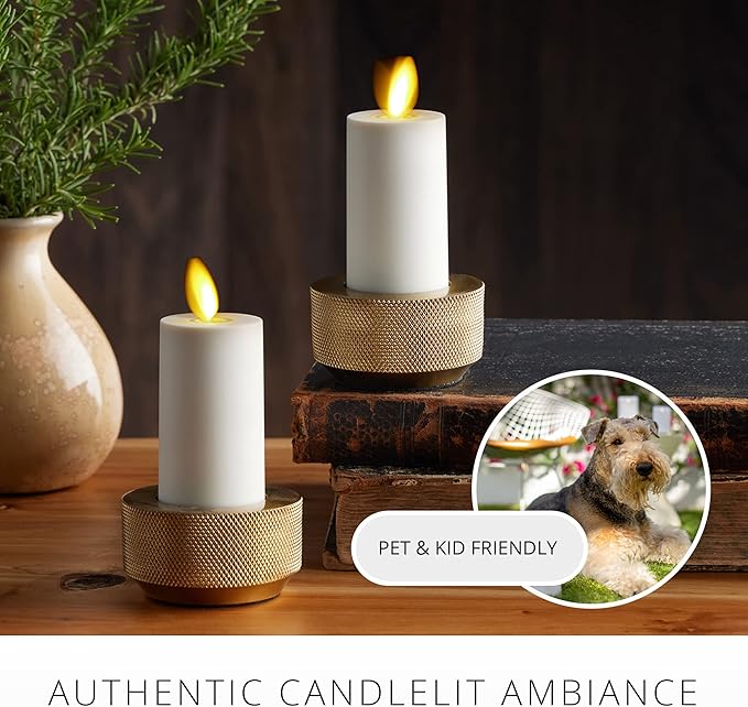 Luminara Outdoor Votive Flameless LED Candle, Set of 2 Ivory 1.5" x 4", Moving Flame Battery Operated Timer Remote Ready IPX4 Matte Plastic Finish-VerdiqueGarden