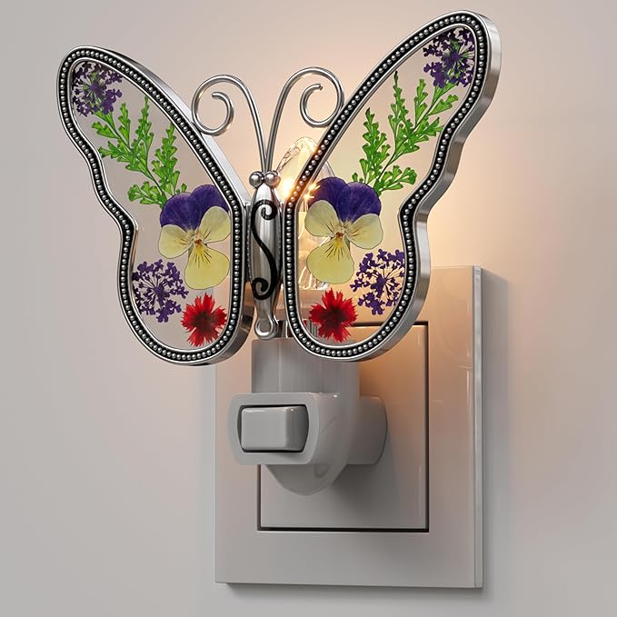 KY&BOSAM Butterfly Night Light Plug into Wall Night Lights Real Flower Glass and Metal Nightlights for Hallway Nursery Bedroom Bathroom Kids Room Kitchen Stairway Accent Elegant Themed Home Decoration-VerdiqueGarden