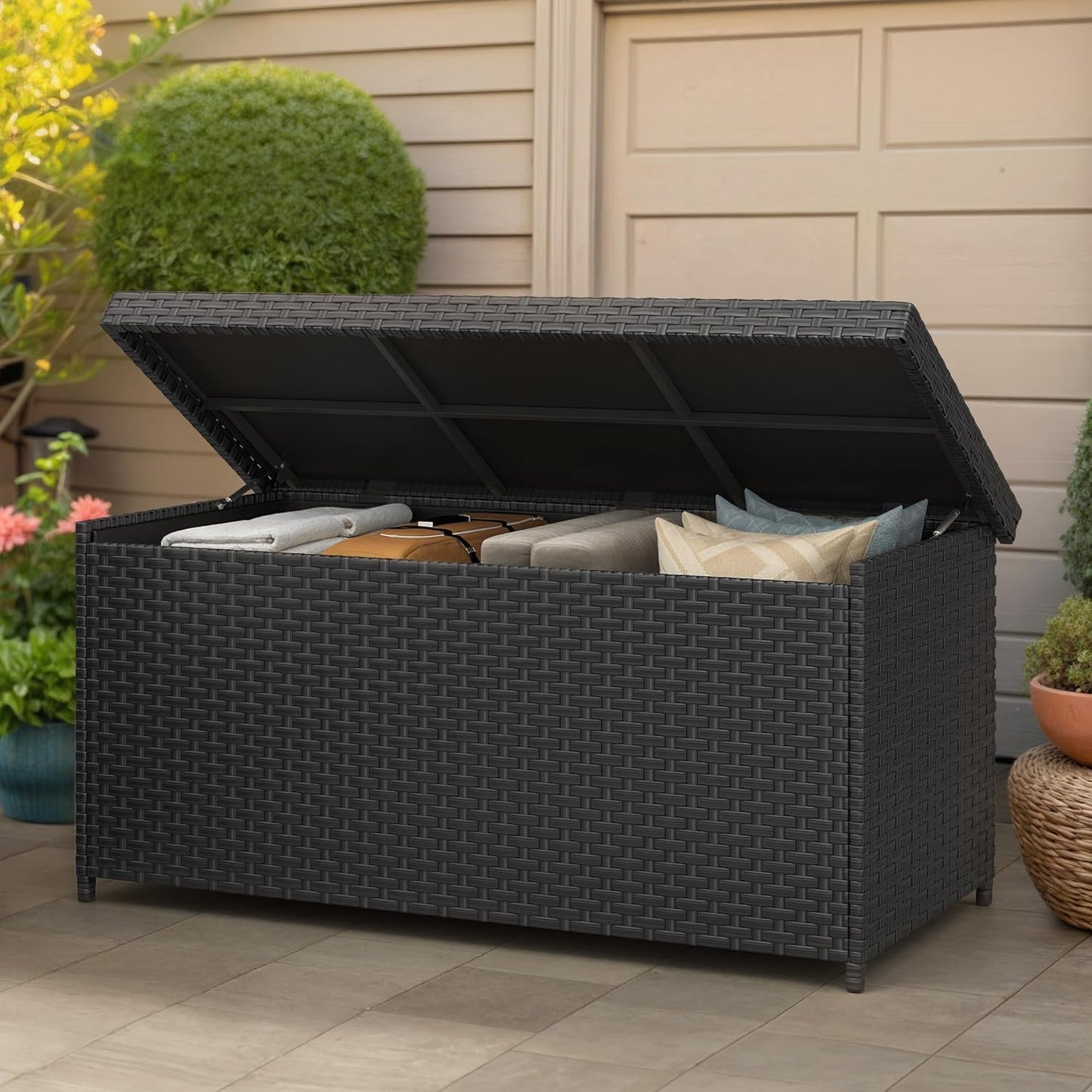 YITAHOME 260 Gallon Deck Box, XXL Wicker Outdoor Storage Box, Oversized Rattan Storage Cabinet for Patio Furniture, Cushions, Pool Storage and Garden Tools (Black)-VerdiqueGarden