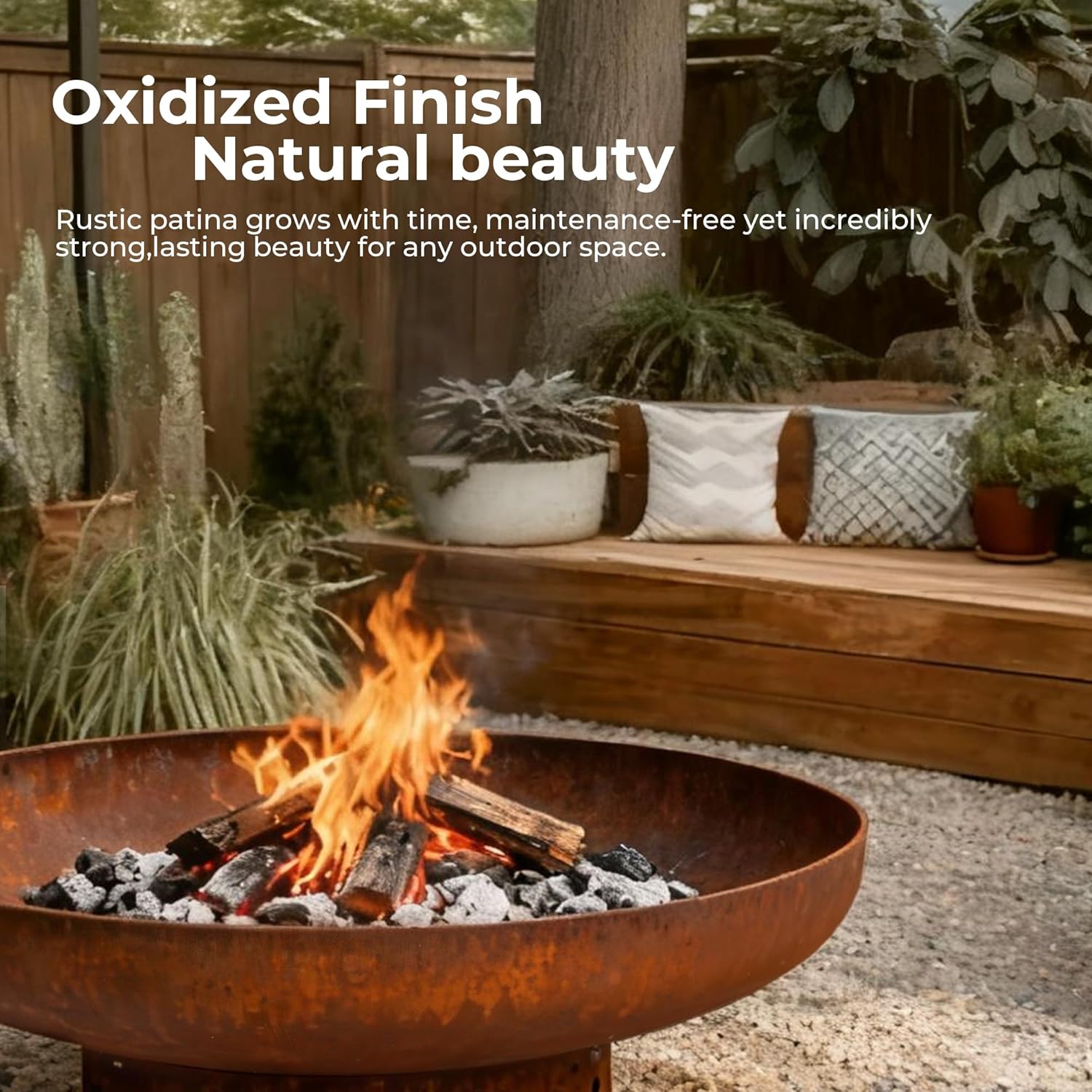 KOL 35" Dia. Heavy-Duty Fire Pit - Pre-Rusted Corten Steel Round Firepit Large Fire Bowl with Stand - Weathering Steel Wood Burning Fireplaces for Outside Backyard Deck Party Bonfire-VerdiqueGarden