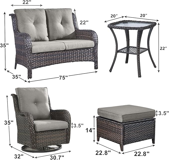 Outdoor Wicker Patio Furniture Set - 6 Piece Rattan Patio Conversation Set with 2 Rocking Swivel Chairs,2 Ottomans,1 Loveseat and 1 Side Table for Porch Deck Backyard Garden(Brown/Grey)-VerdiqueGarden
