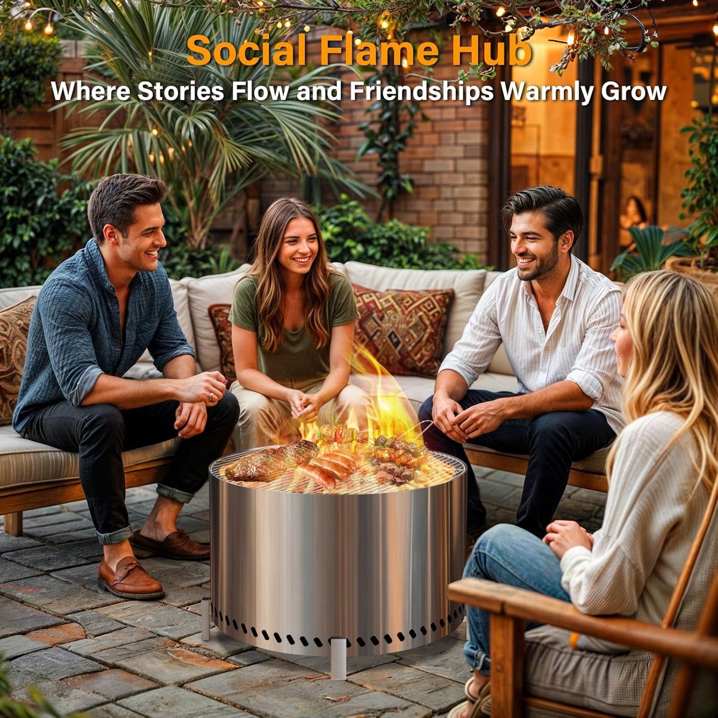 HGD 27.5" Smokeless Firepit with Stand & Grill Rack, Large Stainless Steel Wood Burning Fire Pit for Friends & Family Gatherings, Secondary Combustion Outdoor Patio Stove for Garden BBQ & Bonfire-VerdiqueGarden