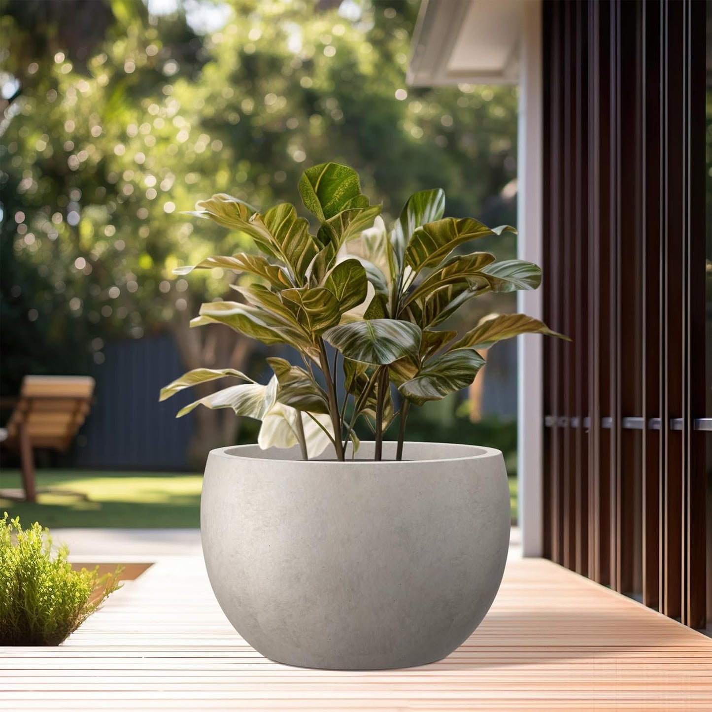 Kante 19.9" Dia Round Concrete Planter, Outdoor/Indoor Large Bowl Plant Pots with Drainage Hole and Rubber Plug for Garden Patio Balcony Home, Weathered Concrete-VerdiqueGarden