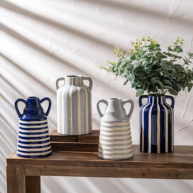 Ceramic Blue and White Checkered Stripes Vase with Handles, Modern Bohemian Floral Navy Blue Vases for Centerpieces, Cottage Core Home Decor, Flower Vases for Bouquet Tabletop Kitchen Bookshelf 8.9 In-VerdiqueGarden