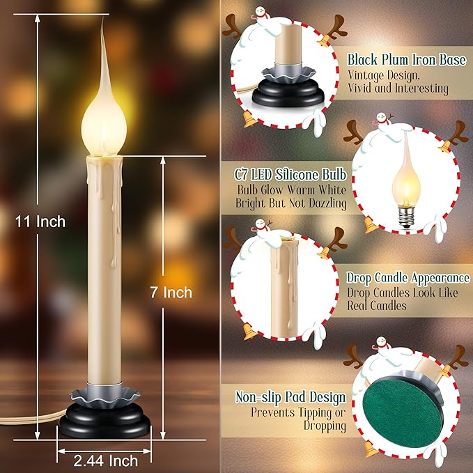 Enhon 4 Pack Rustic Country Candle Lights with Replacement Silicone Bulb, C7 0.6W Electric LED Christmas Window Candles Plug in, UL Certification Warm White Candlestick Lamp, 5 FT Cord, On/Off Switch-VerdiqueGarden