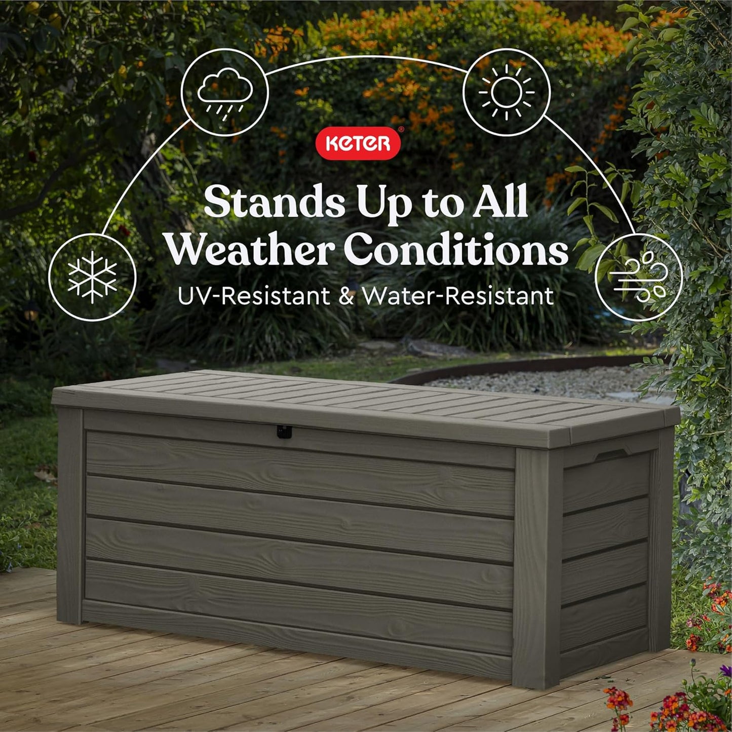 Keter Westwood 150 Gallon Resin Large Outdoor Storage Box for Patio Furniture, Outdoor Cushions, Garden Tools and Pool Floats, Mossy Brown-VerdiqueGarden