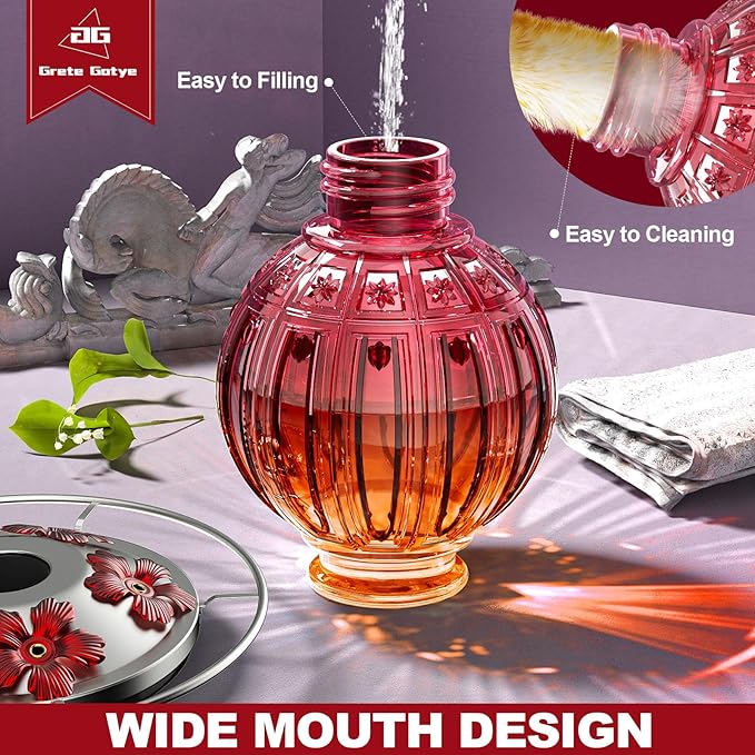 Glass Hummingbird Feeder for Outdoors Hanging, 26Oz Bird Nectar Feeder with Perch & 5 Flower Feeding Ports, Leak Proof for Outside Garden Decor Backyard, Gifts for Women Mom, Clear & Red-VerdiqueGarden