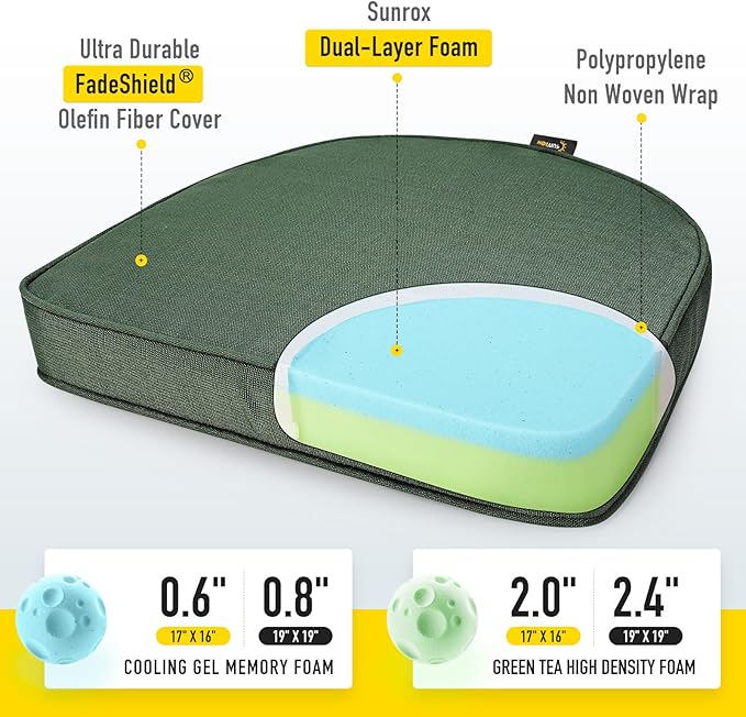SUNROX Gel Memory Foam Chair Cushions, FadeShield Water-, Stain-Resistant Durable Reversible Seat Cushion Pads with Ties for Indoor/Outdoor Kitchen Dining Office, 19"x19", Set of 2, Heather Fern-VerdiqueGarden