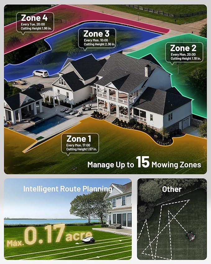 YUKA Mini 500 Robotic Lawn Mower for 0.12 Acre,Ultrasense AI Vision+ RTK Positioning, Auto Mapping, App Control,50% Slope,Perimeter Wire Free, 15 Mowing Zones Management-VerdiqueGarden