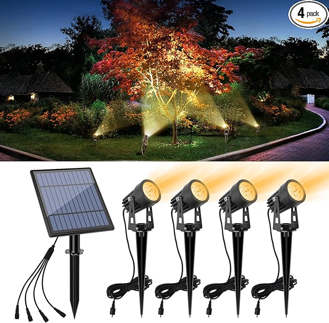 APONUO Metal Solar Spot Lights Outdoor with 9.8ft Cable Solar Powered Landscape Lighting Low Voltage IP65 Waterproof Auto On/Off for Outside Garden Yard Landscape Pathway Garage-Warm White(4-in-1)-VerdiqueGarden