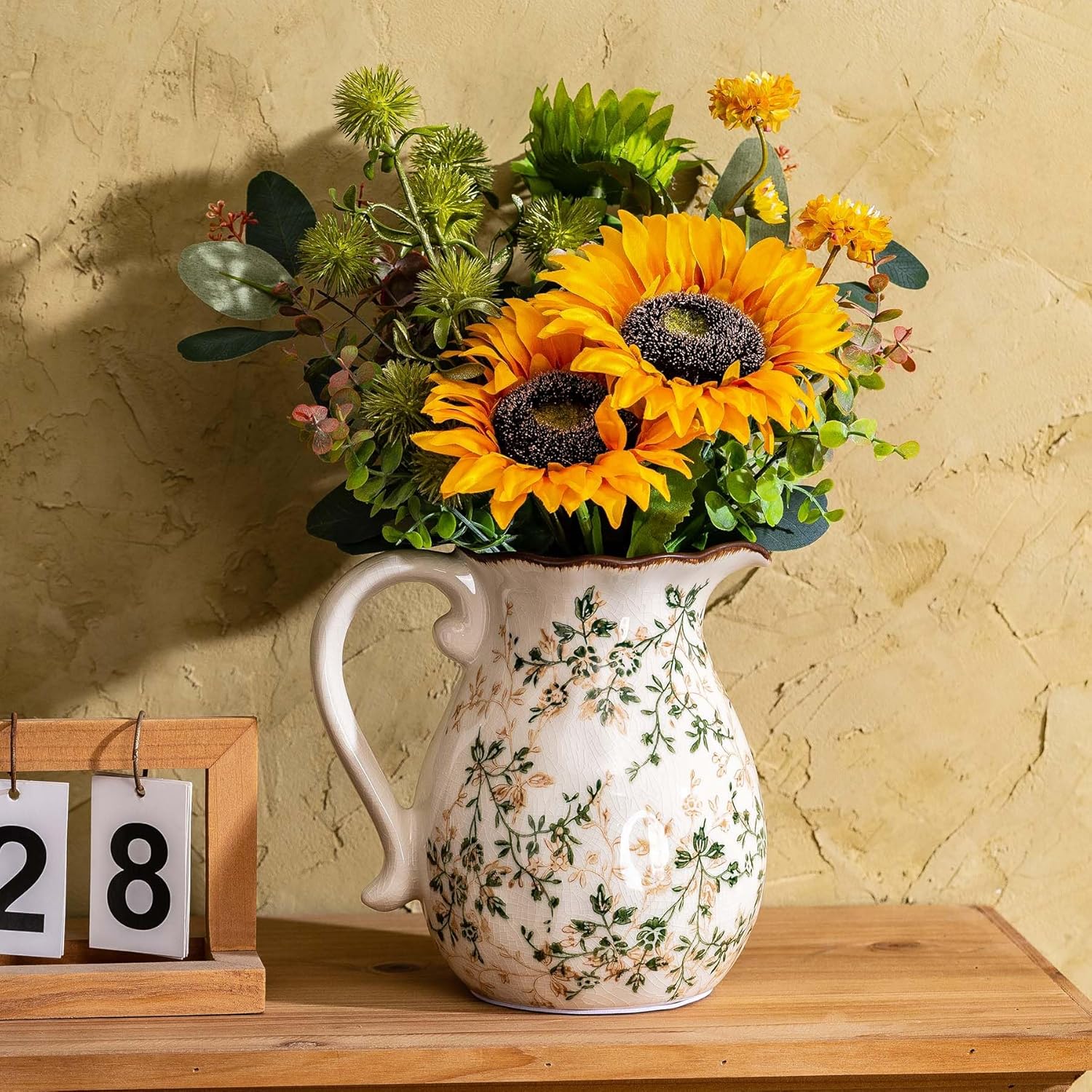 Green and White Vintage Vase with Handle, Chinoiserie Floral Pitcher Vase, Rustic Ceramic Farmhouse Vases for Home Decor, Living Room, Bookshelf, Office, Grand Millennial Decors, Tuscan Decor 7.9 Inch-VerdiqueGarden