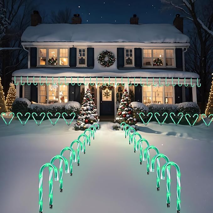 10" Christmas Candy Cane Lights - Set of 10 Pathway Markers Christmas Outdoor Yard Decorations, Green Xmas Candy Cane Stake Lights for Lawn, Walkway, Garden, Xmas Party Indoor Ornaments-VerdiqueGarden
