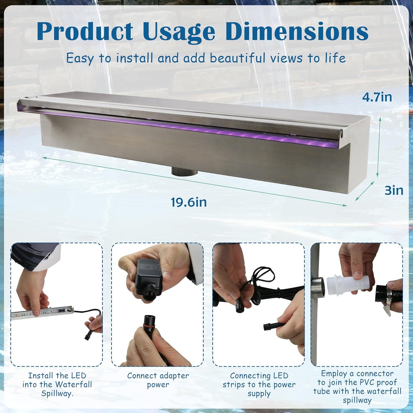 19.6 Inch Pool Waterfall Spillway, Stainless Steel Pond Waterfalls with Multi Color-LED Light Outdoor Pool Fountain, Water Flow Fountains Kit for Garden Patio & Rockery Decoration-VerdiqueGarden