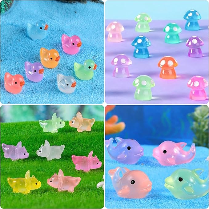 148Pcs Luminous Mini Resin Animals, Tiny Ducks Glow in The Dark Dolphins Dinosaurs Mushrooms 4 Combination Resin Set, Miniature Figures for Garden Decoration Aquarium Home Party Decor-VerdiqueGarden