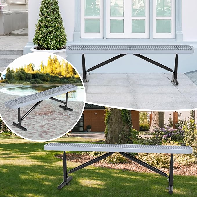48" L Outdoor Steel Flat Bench, Heavy Duty Metal Park Bench for Outside, Expanded Metal, Commercial Benches Mesh Bench for Shopping Mall, Store, Lawn, Park, Patio, Deck, Garden (Grey, 6FT)-VerdiqueGarden