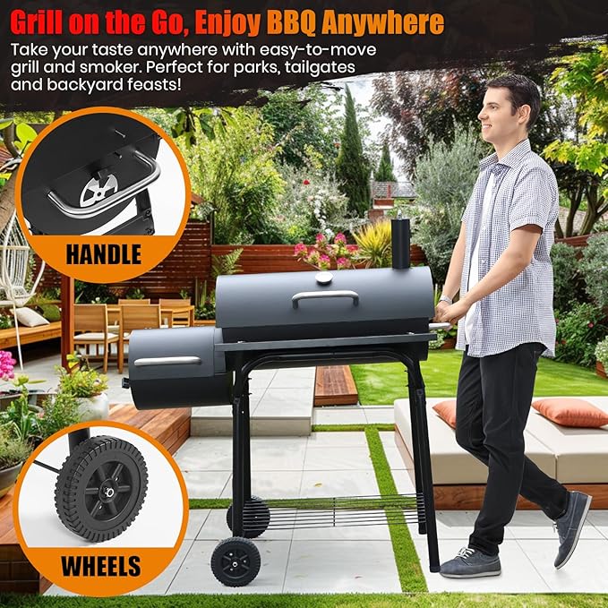 Charcoal Grill Offset Smoker: Charcoal Barbecue Grills with Spacious Cooking Area | Barrel BBQ Grill and Smokers Combo for Outdoor Patio Backyard Camping and Parties-VerdiqueGarden