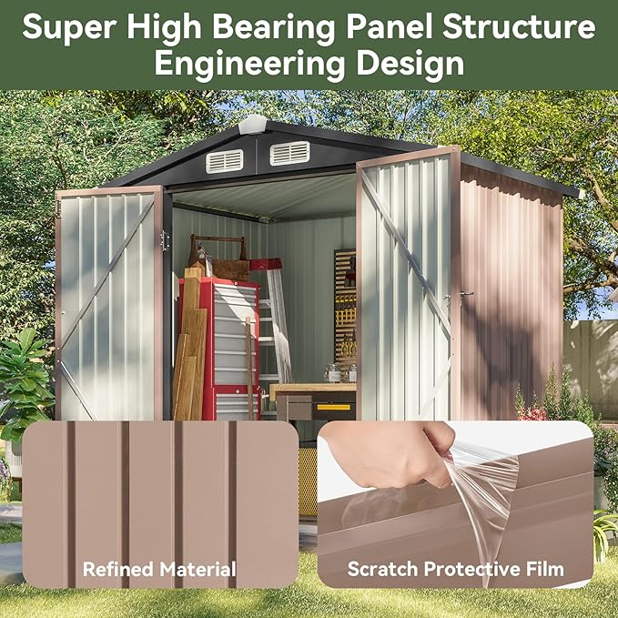 Aoxun 6.2x4 FT Shed Outdoor Storage Shed with Lockable Doors & Slooping Roof Metal Garden Tool Shed for Backyard, Patio, Poolside (Brown)-VerdiqueGarden