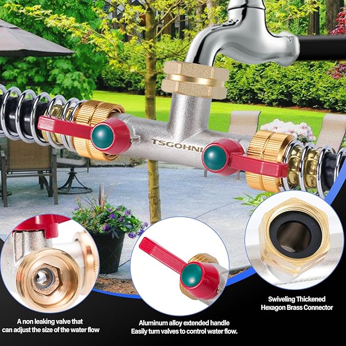 Hose Splitter, 180 Degree T Type Water Hose Splitter, Faucet Splitter 2 way 3/4" GHT Thickened Hexagonal Water Inlet with 2 More Extension Handles-VerdiqueGarden