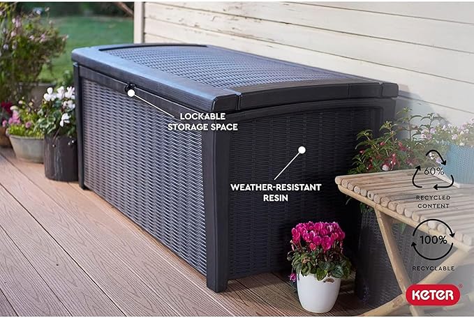 Keter Outdoor Storage Deck Box for Patio, Backyard & Garden, Borneo, 110 Gal, Grey - Lockable, Organizing, and Waterproof Plastic Container Bench-VerdiqueGarden