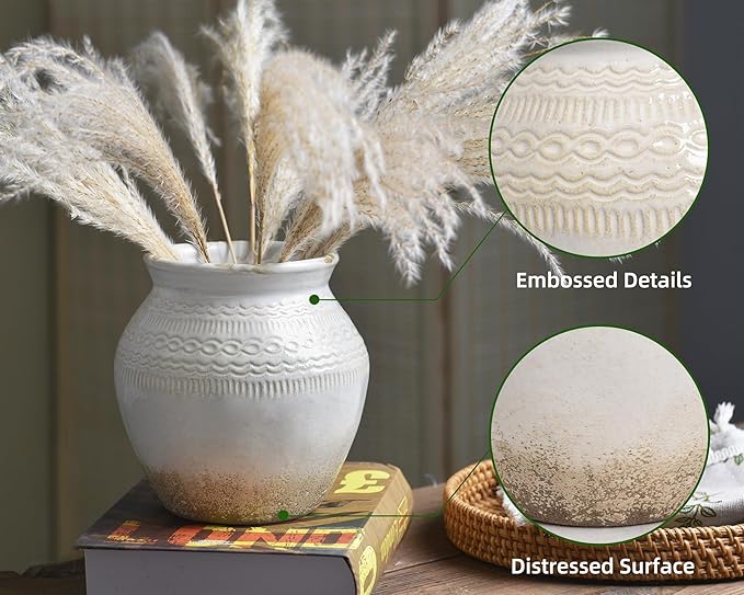 Quoowiit Ceramic Rustic Farmhouse Vase, White Distressed Flower Vase for Home Decor, Boho Decorative Vases for Centerpiece Table Decorations, Vases for Living Room Kitchen Entryway Mantle Shelf Decor-VerdiqueGarden