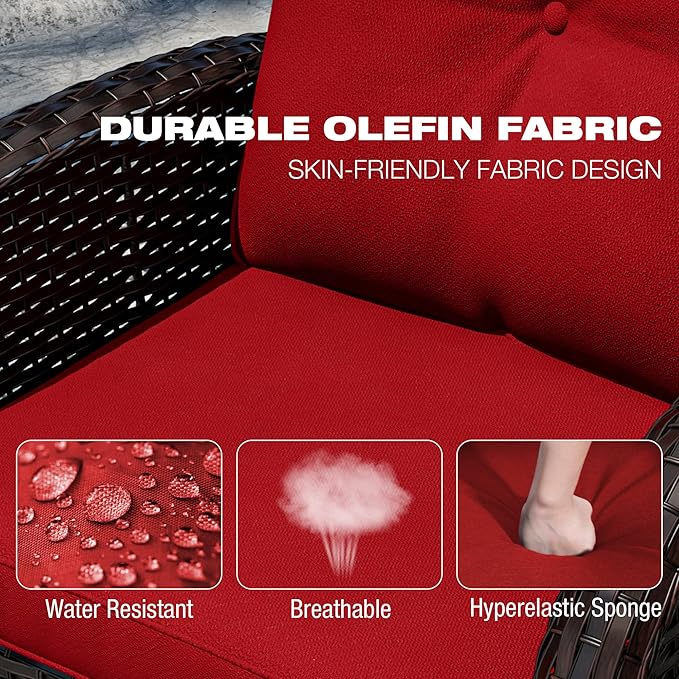 Joyside 9 Piece Patio Furniture Set, Outdoor Wicker Conversation Sets with Swivel Rocker Chairs and Sofa, Thick Cushion, Rattan Patio Sectional for Porch, Deck Use (Brown/Red, 9 PCS)-VerdiqueGarden