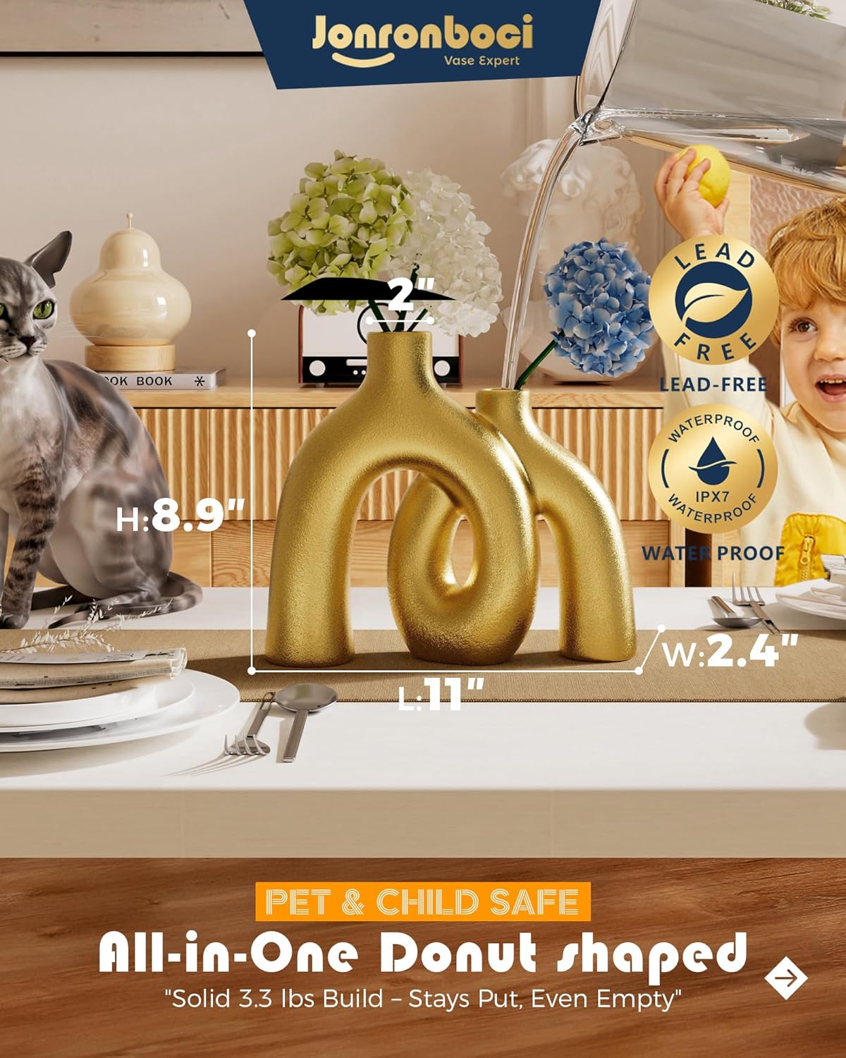 Hug Donut Decorative Vase Set - Golden Modern Classic Transitional Style Vases Home Decor, Matte Ceramic Decorations for Living Room Shelf, Bookshelf Mantle Entryway Table or Console Décor (Gold)-VerdiqueGarden