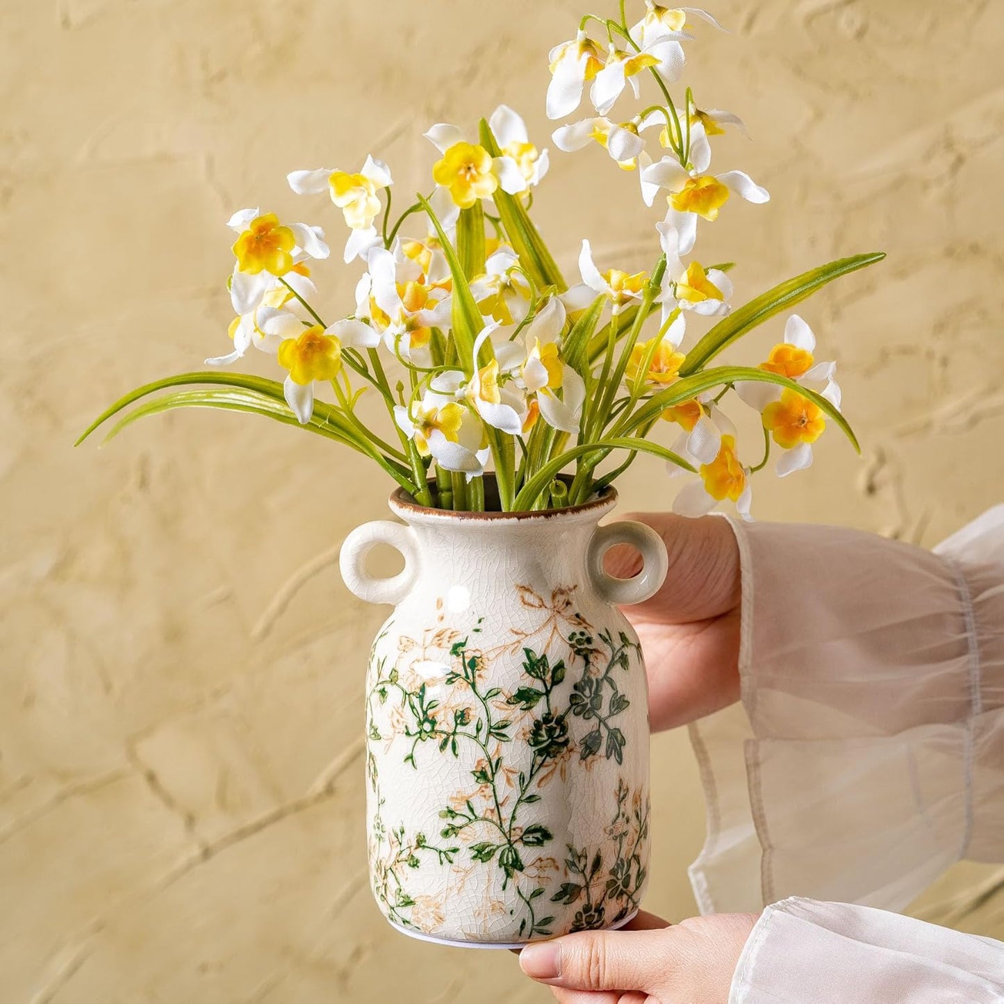 Ceramic Vases Set of 3, Green & Beige Chinoiserie Flower Pitcher Vase, Farmhouse Vintage Floral Vase Home Decor for Mantle, Fireplace, Kitchen Counter, Living Room Bookshelf Rustic Table Centerpiece-VerdiqueGarden