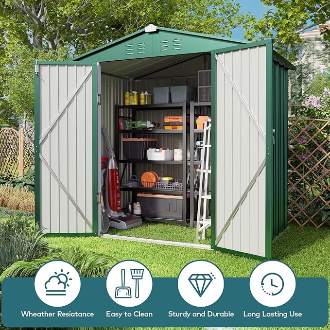 Gizoon Outdoor Storage Shed 6 x 4 FT, Galvanized Metal Garden Shed with Double Lockable Doors, Outdoor Storage Clearance for Backyard Patio Lawn-Green-VerdiqueGarden
