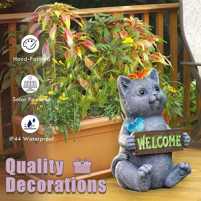Solar Cat Figurine Garden Statues : Outside Welcome Cat Statue with Butterfly for Garden Decor and Yard Decorations - Unique Gifts for Women and Mom-VerdiqueGarden