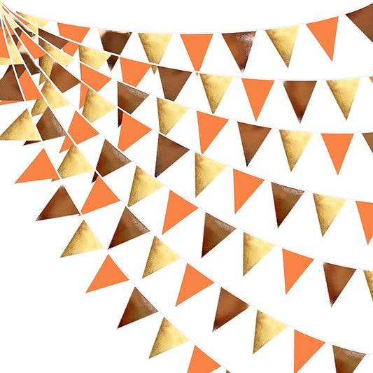 Fall Party Decorations Orange Gold Brown Metallic Fabric Triangle Pennant Banner Flag Bunting Garland for Autumn Fall Thanksgiving Wedding Birthday Bridal Shower Engagement Graduation Party Supplies-VerdiqueGarden