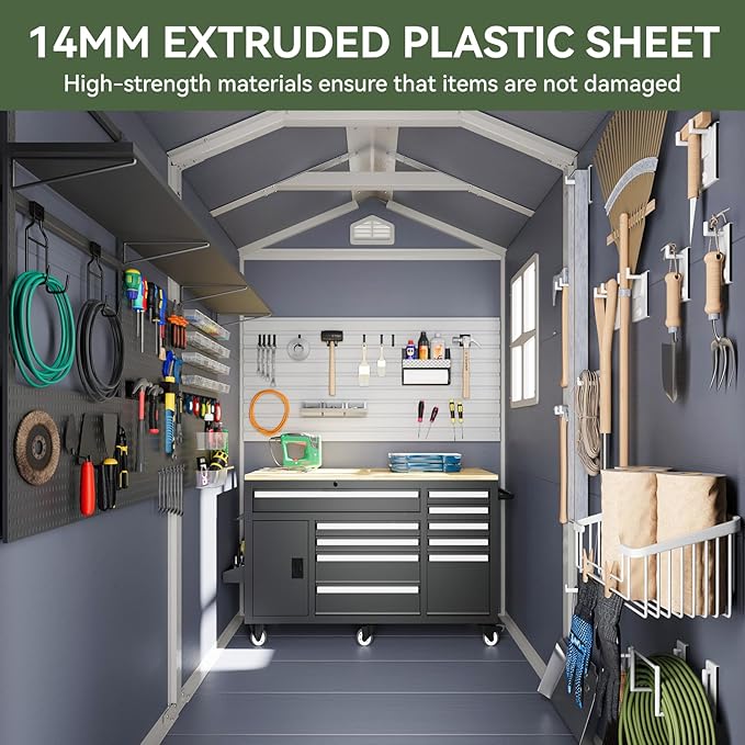 Aoxun 6.3 X 4.2 FT Resin Storage Shed Outdoor Plastic Large Garden Shed with Lockable Door, Floor for Backyard, Garden, Patio, Lawn, Grey (Grey, 6.3 x 4.4)-VerdiqueGarden